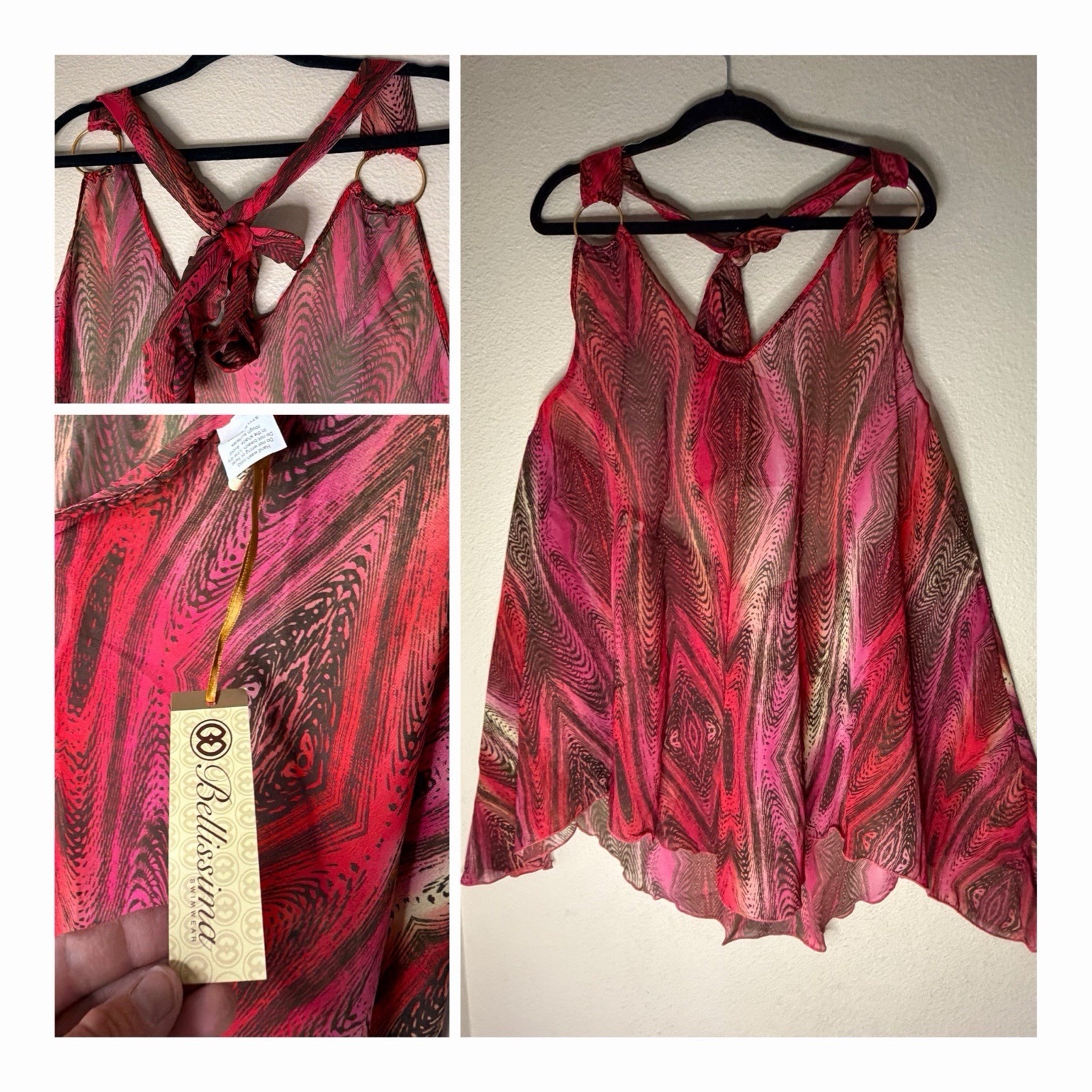 Bellissima Swimwear Cover Up Top L/Xl Monte Carlo Pink Hanky Hem Halter Nwt Boho